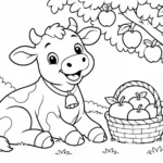 Tranh tô màu bò bên giỏ trái cây dưới cây táo