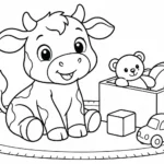 Tranh tô màu bò trên thảm cạnh hộp đồ chơi