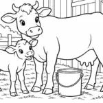 Tranh tô màu bò sữa và bê con bên xô trong trang trại