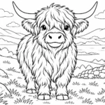 Tranh tô màu bò highland lông dài đứng trên đồi