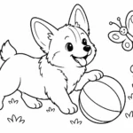 Tranh tô màu chó Corgi chơi bóng trong vườn