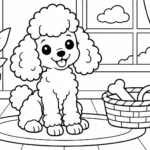 Tranh tô màu chó Poodle bên giỏ đồ chơi