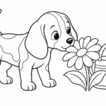 Tranh tô màu chó Beagle ngửi hoa bên bình tưới