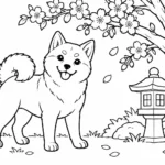 Tranh tô màu chó Shiba dưới cây hoa