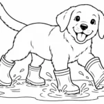Tranh tô màu chó Labrador đi ủng chơi vũng nước