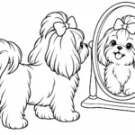 Tranh tô màu chó Shih Tzu đeo nơ soi gương