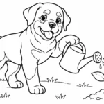Tranh tô màu chó Rottweiler tưới cây non