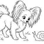 Tranh tô màu chó Papillon ngắm ốc sên