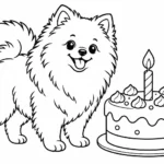Tranh tô màu chó Pomeranian bên bánh sinh nhật