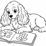 Tranh tô màu chó Cocker Spaniel xem sách tranh