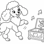 Tranh tô màu chó Poodle nhảy bên hộp nhạc