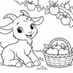 Tranh tô màu dê ngồi bên giỏ trái cây dưới cây táo