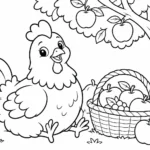 Tranh tô màu gà bên giỏ trái cây dưới cây táo