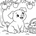 Tranh tô màu lợn bên giỏ trái cây dưới cây táo