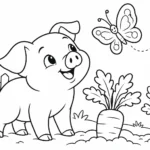 Tranh tô màu lợn ngắm bướm trong vườn cà rốt