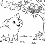 Tranh tô màu lợn nhìn tổ chim trên cây