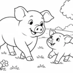 Tranh tô màu lợn cùng con nhỏ trên đồng cỏ