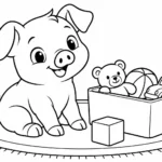 Tranh tô màu lợn trên thảm cạnh hộp đồ chơi