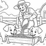 Tranh tô màu bác nông dân cho hai chú lợn ăn