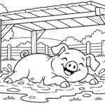 Tranh tô màu lợn nghỉ trong bùn dưới mái che