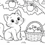 Tranh tô màu mèo ngồi bên giỏ trái cây dưới cây táo