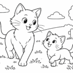 Tranh tô màu mèo lớn và mèo nhỏ trên đồng cỏ