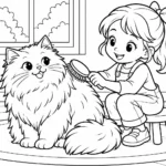 Tranh tô màu bé chải lông cho mèo ba tư