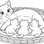 Tranh tô màu mèo mẹ cho ba mèo con bú