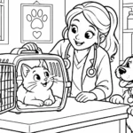 Tranh tô màu mèo trong lồng vận chuyển ở phòng khám thú y
