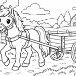 Tranh tô màu ngựa pony kéo xe nhỏ ở miền quê