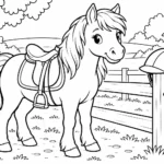 Tranh tô màu ngựa pony mang yên bên hàng rào