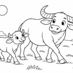 Tranh tô màu trâu cùng con nhỏ trên đồng cỏ