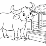 Tranh tô màu trâu bên máng nước và chuồng nhỏ