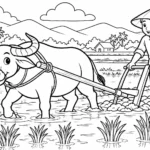 Tranh tô màu trâu kéo cày cùng bác nông dân trên ruộng