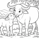 Tranh tô màu nghé con dụi đầu bên trâu mẹ cạnh bụi tre