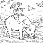 Tranh tô màu em bé ngồi trên lưng trâu thổi sáo