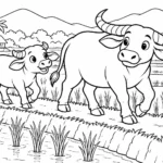 Tranh tô màu hai con trâu đi trên bờ ruộng lúa