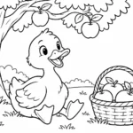 Tranh tô màu vịt bên giỏ trái cây dưới cây táo